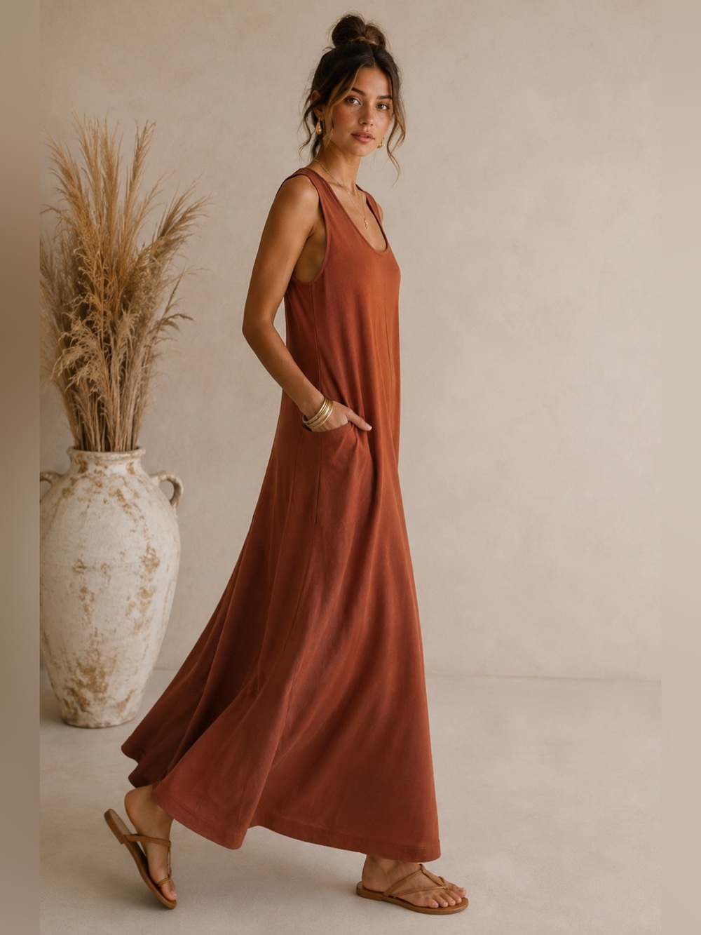 Nordstrom Rust Brown Cotton Blend Pocket Maxi Tank Dress Size Small Minimalist 2